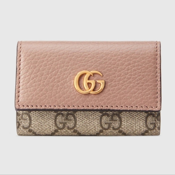 GUCCI GG MARMONT BI-COLOR KEYCASE BLUSH LEATHER & BEIGE MONOGRAM SUPREME CANVAS - Picture 13 of 14